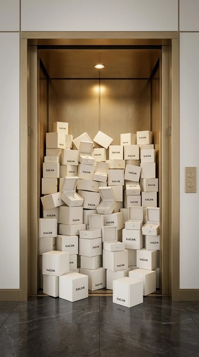 AI image: elevator overflowing with IceLink jewelry boxes