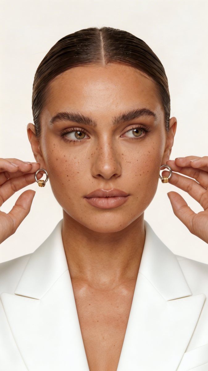 AI image: model in a white blazer adjusting two-tone hoop earrings