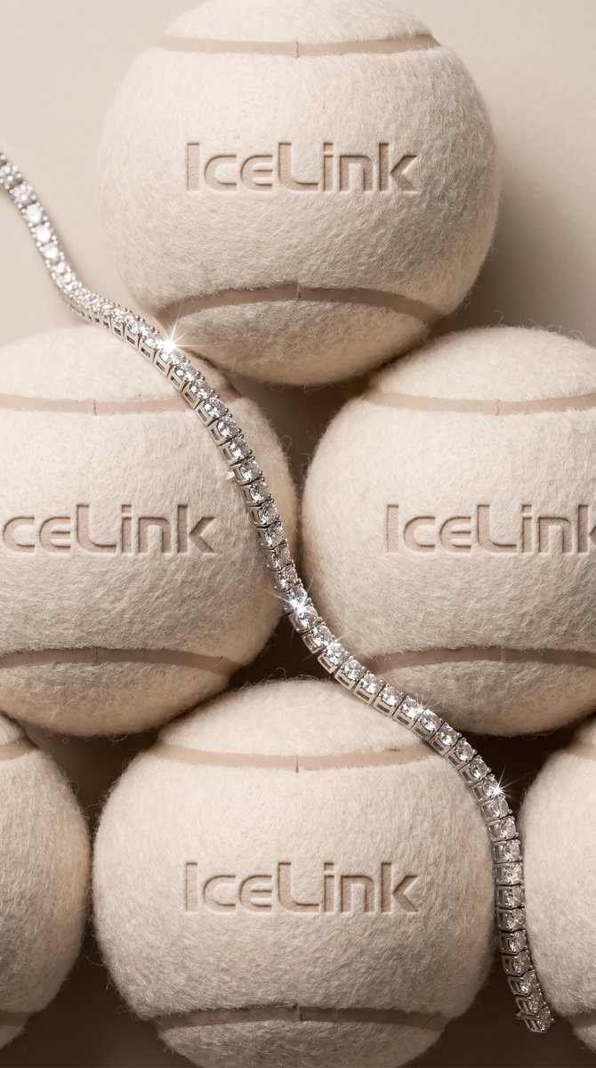AI image: diamond tennis bracelet draped over IceLink tennis balls