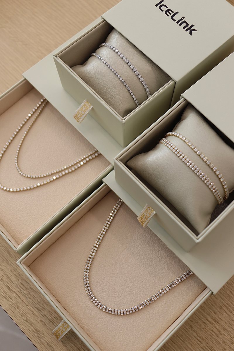 IceLink gift boxes holding diamond tennis necklaces and bracelets