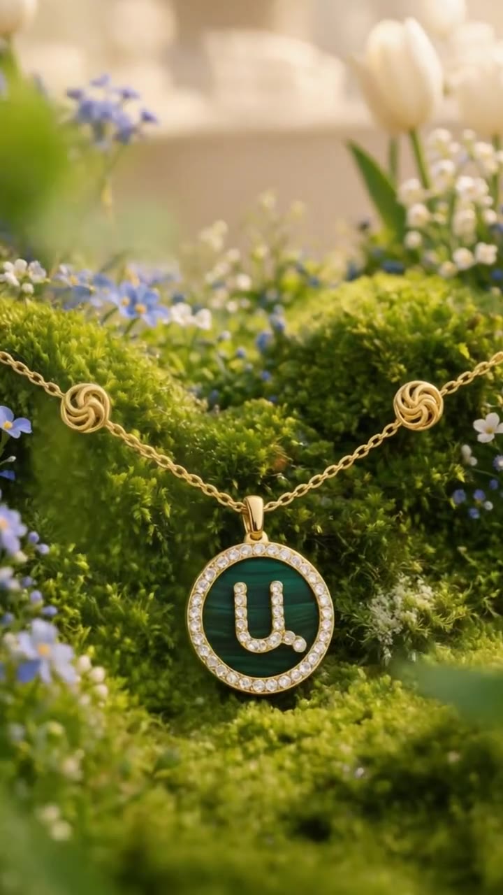 AI video: malachite pendant resting on moss and flowers