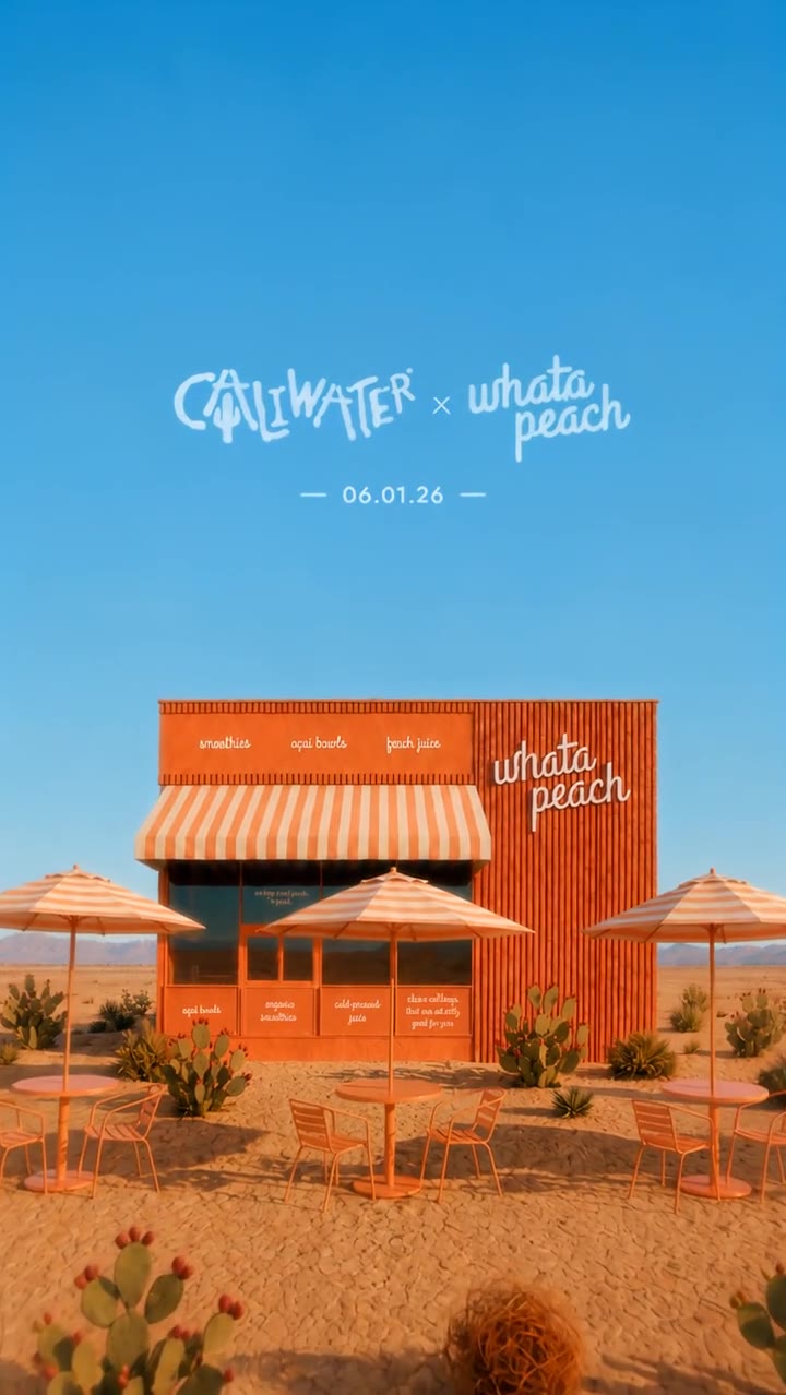 Caliwater × Whata Peach AI launch video: orange pop-up shop in the desert